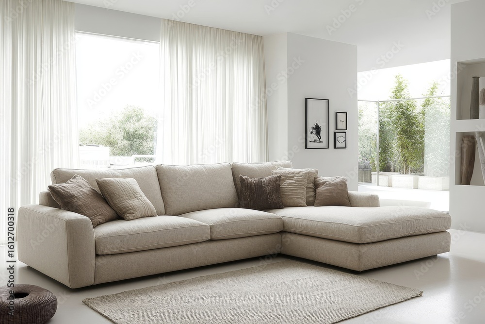 Fototapeta premium Modern living room with a beige sofa, offering a minimalist design that emphasizes comfort and style. Created with, Generative AI