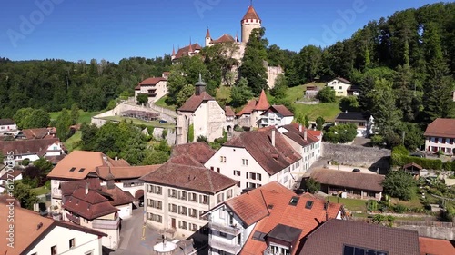 Swiss charming village Lucens medieval castle Switzerland aerial drone Europe