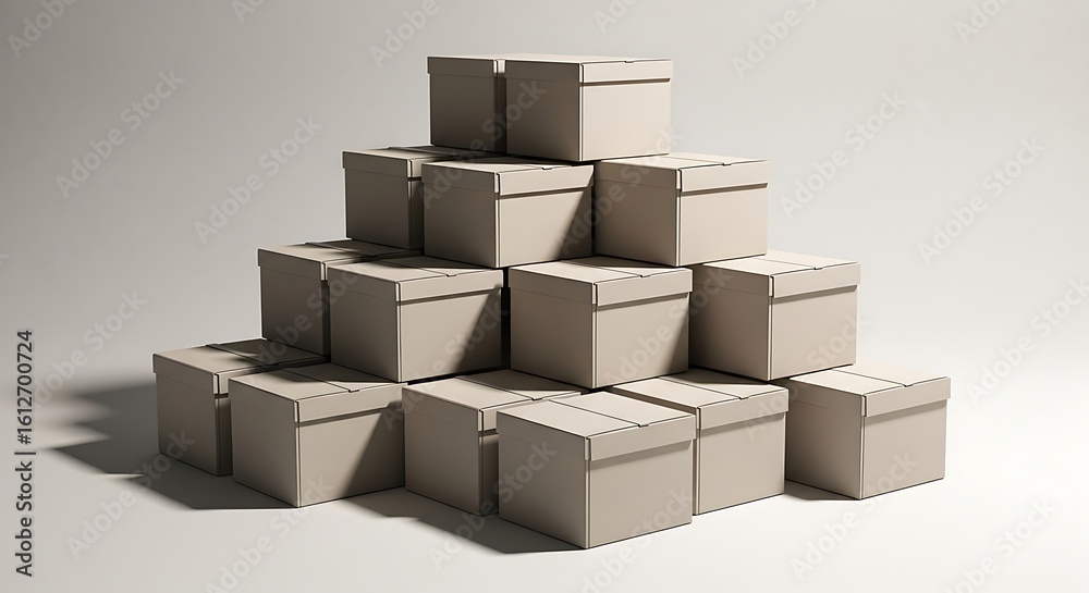 Obraz premium Stacked beige boxes create a minimalist pyramid, casting shadows on a neutral background.