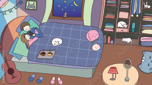 Cozy room at night vibes with couple watching phone together colorful illustration vector