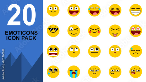 20 Expressive Emoticon Icons, Emotion Face Vector Pack