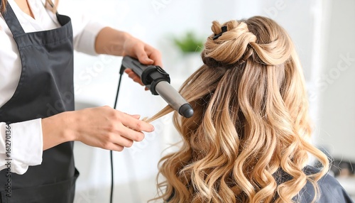 Stylist curling a woman's long wavy blonde hair
