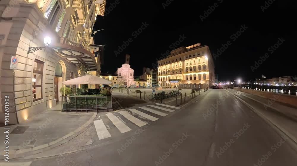 Piazza Ognissanti At Night On The Public Square In Florence, Italy. POV Shot Piazza Ognissanti At Night On The Public Square In Florence, Italy. POV Shot