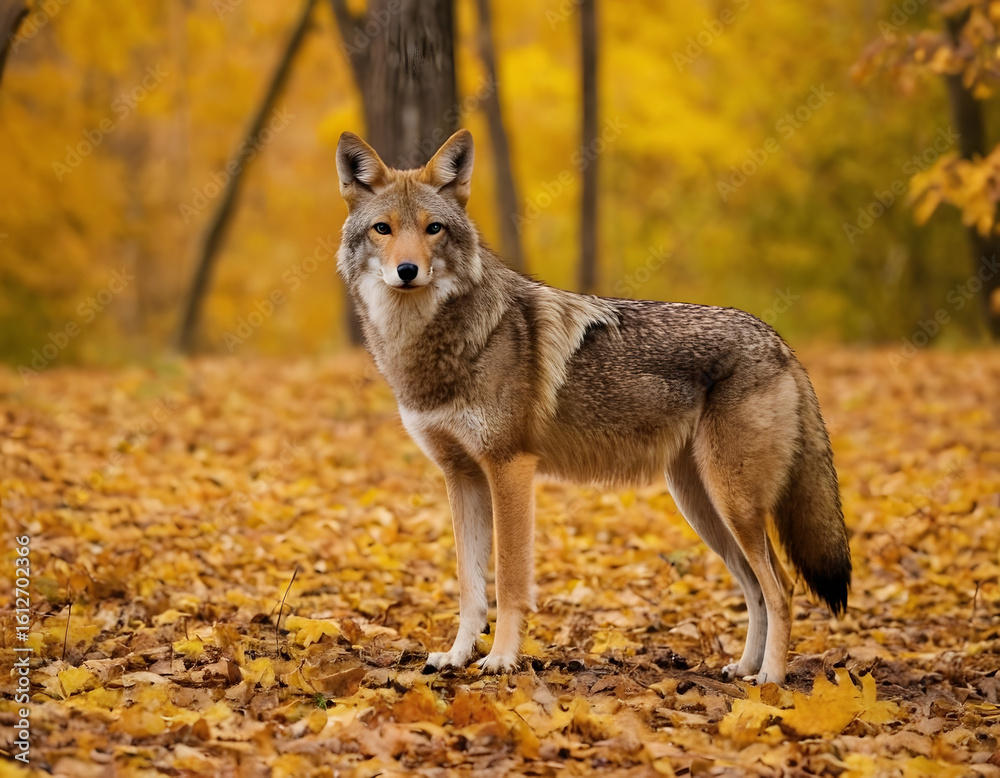 Fototapeta premium A coyote in nature during the fall. A natural forest background.