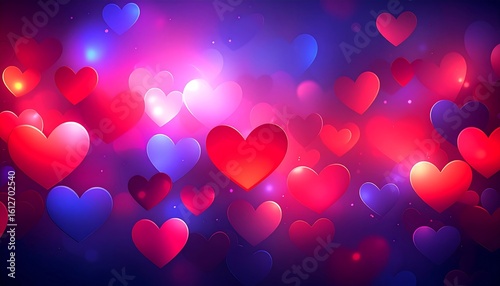 Glowing red and blue hearts bokeh background