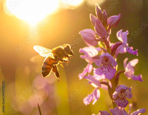 Macro photo of native bee pollinating an orchid in Atlantic Forest, bee in motion with pollen grains visible, soft golden hour backlighting