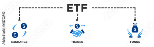 ETF banner web icon illustration concept Exchange Traded Funds Stock Market Investment with icon of money, cash flow, trading, transaction, bank, accounting, and growth