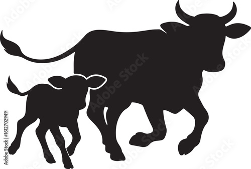 Angry cow and calf, Funny cow or calf, Running cow with calf, Cow and calf silhouette vector illustration 
