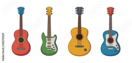 Four colorful electric and acoustic guitars arranged side by side
