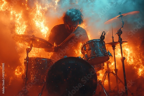 Drummer mockup performing amid bright orange flames and blue smoke

