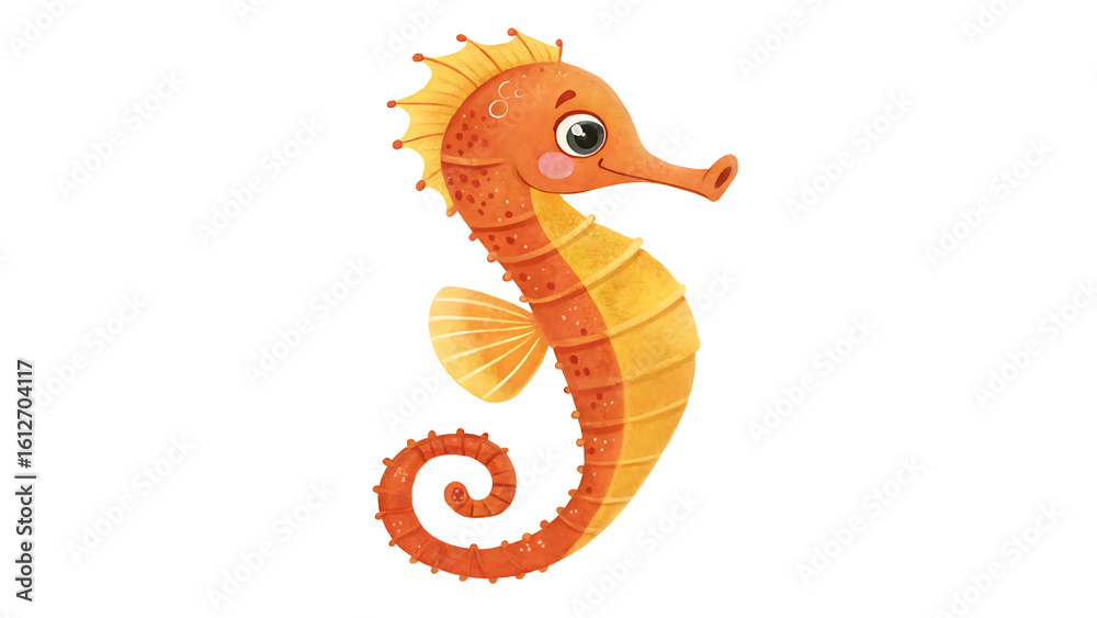 Fototapeta premium A whimsical orange seahorse swimming joyfully in the deep set against a black
