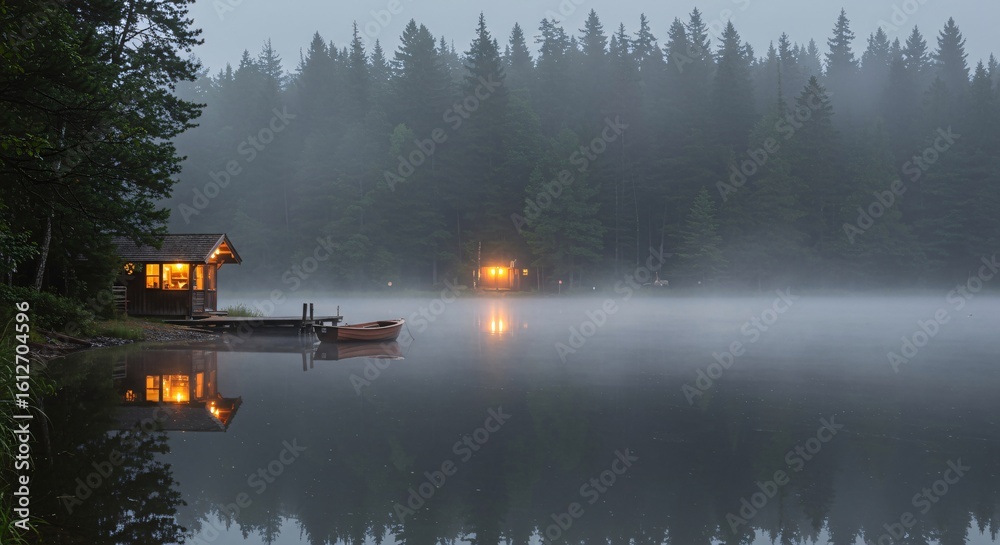 Fototapeta premium Lake Cabin Illuminated in the Fog with Reflections and Forest Silence