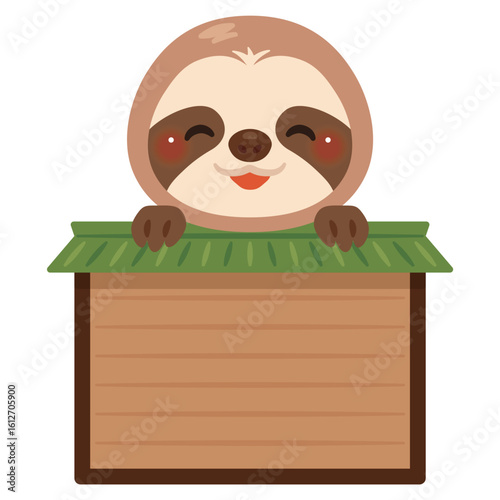 木製看板に乗った笑顔のナマケモノのキャラクターイラスト