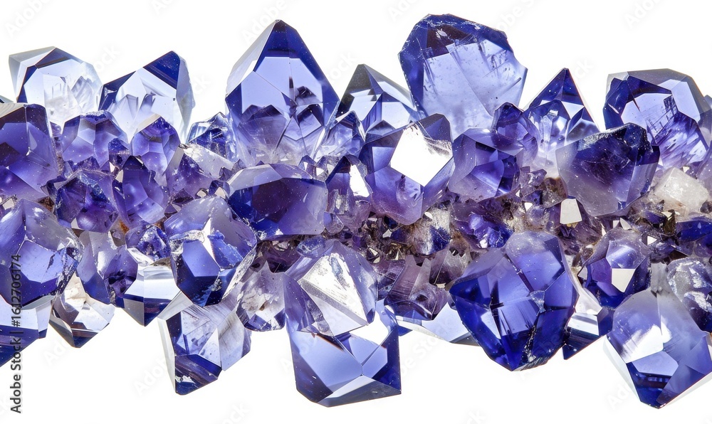 Fototapeta premium Vibrant purple crystal cluster close up with sharp facets on white background