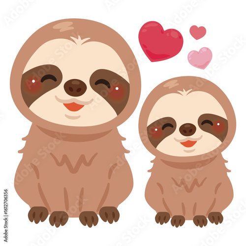 お座りした笑顔のナマケモノの親子イラスト