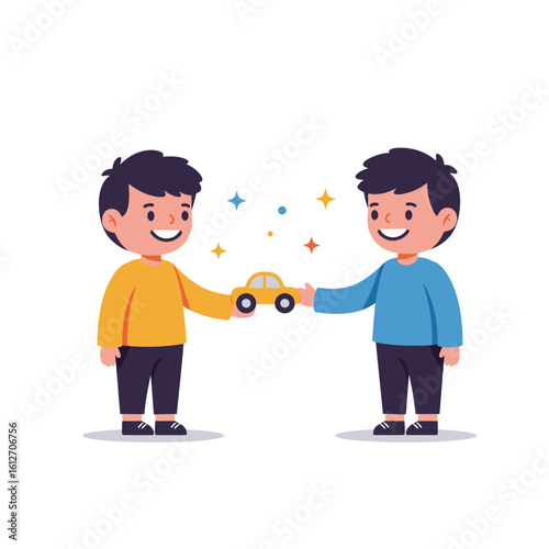 Two happy boys sharing a toy car