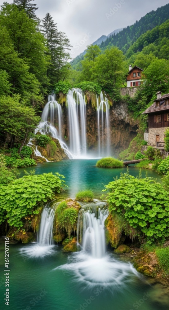 Fototapeta premium Spectacular cascading waterfalls flowing into turquoise pools surrounded by lush green forests and traditional mountain homes