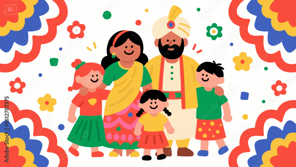 Fototapeta premium Happy multicultural family with three children standing together and smiling – flat vector illustration