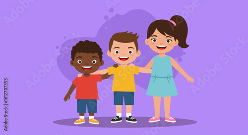 Happy multicultural family with three children standing together and smiling – flat vector illustration