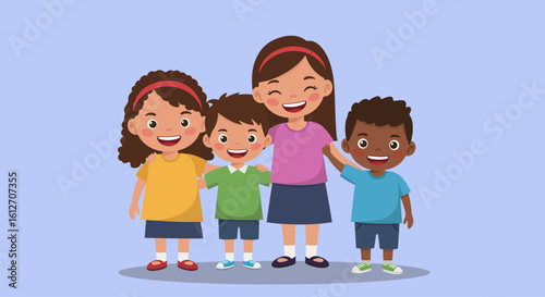 Happy multicultural family with three children standing together and smiling – flat vector illustration