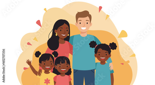 Happy multicultural family with three children standing together and smiling – flat vector illustration