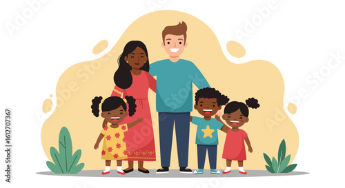 Happy multicultural family with three children standing together and smiling – flat vector illustration
