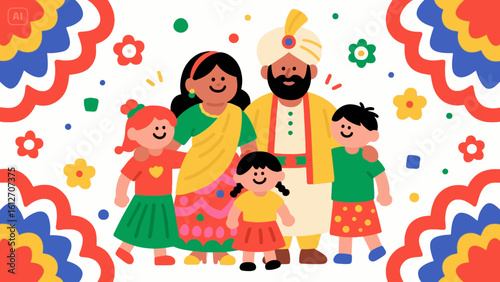 Happy multicultural family with three children standing together and smiling – flat vector illustration