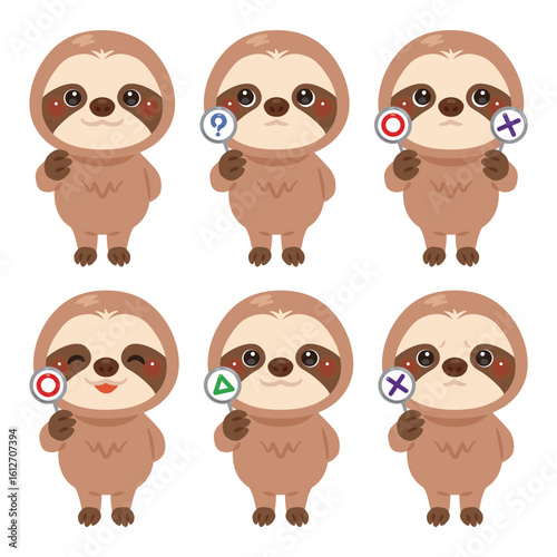 ○×△の札を持ったナマケモノのキャラクターイラストセット