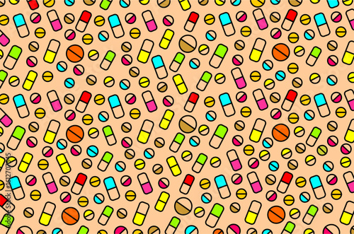 Colorful piils or medicines pattern background. Seamless pattern of medical icons. Piil icons illustration. Medicine icons illustration. Capsule piil icons illustration. Pharmacy symbols illustration.