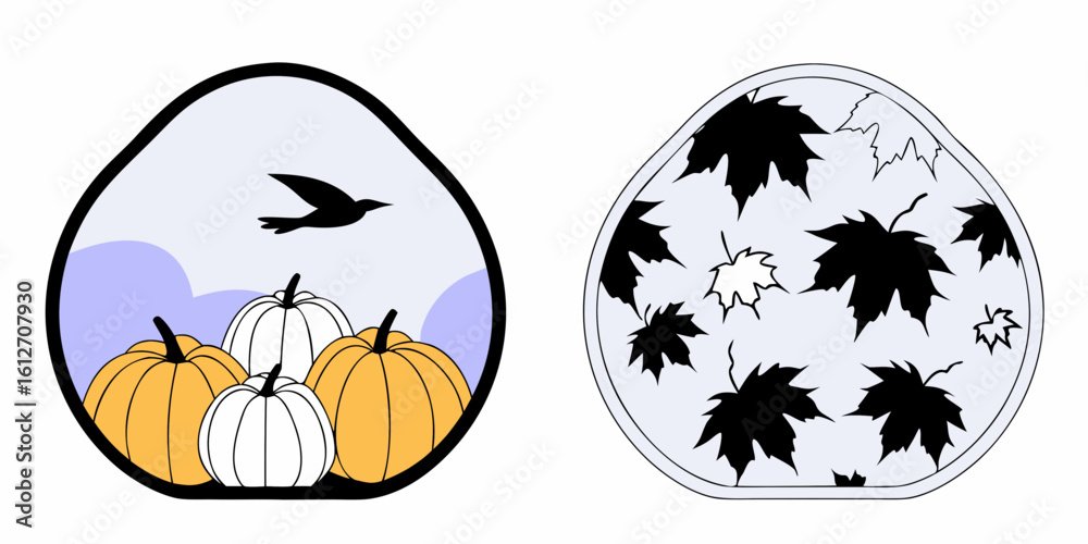 Fototapeta premium Autumnal Icons Featuring Pumpkins and Maple Leaves in a Stylized Design