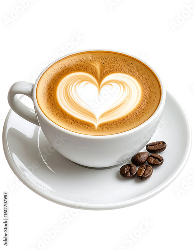 A steaming cup of latte art coffee, heart design, sits on a saucer with coffee beans isolated on transparent background.