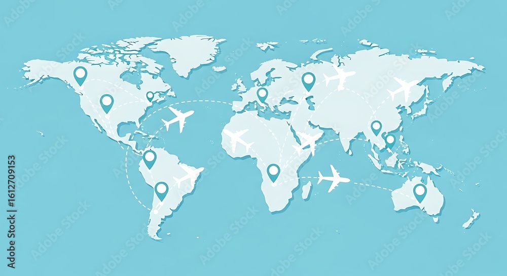 Naklejka premium World map travel routes airplanes destinations