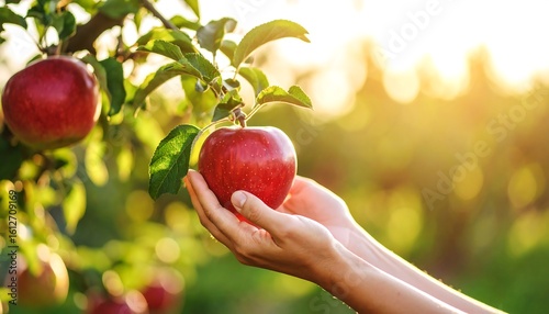 Hands picking a red apple from a tree