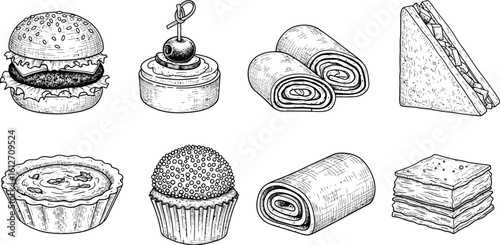 Delicious assortment of hand-drawn appetizers and desserts for your menu