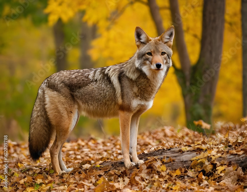 A coyote in nature during the fall. A natural forest background. wolf in the forest.