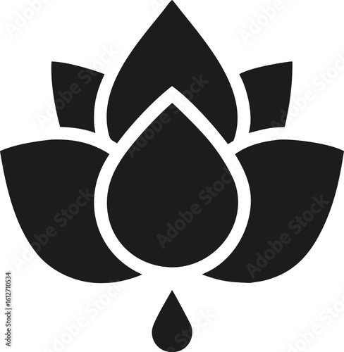 Elegant black silhouette design of a flower with droplet symbolizing freshness and purity on a white background