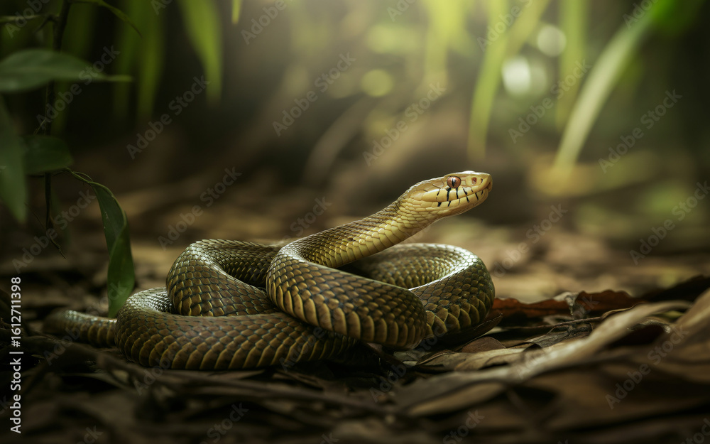 Fototapeta premium Snake photography coiled reptile in jungle forest wildlife animal