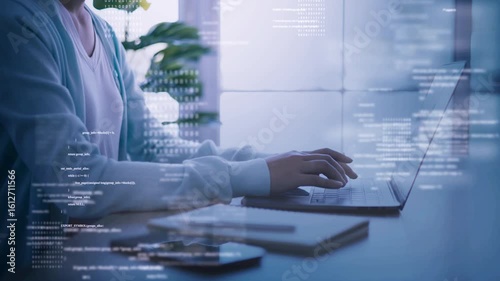 Female software developer coding on laptop with floating source code and binary data, symbolizing programming, backend development, and modern tech workspace. For themes on software development.

.