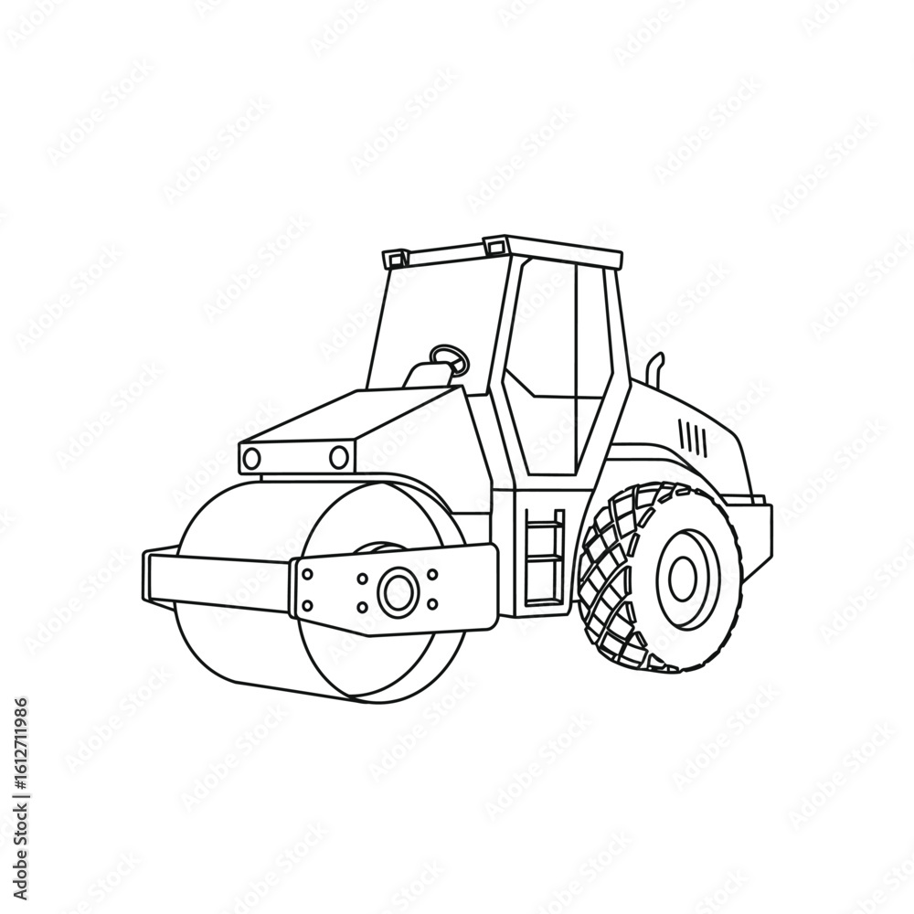Naklejka premium A heavy-duty road roller, a construction vehicle essential for compacting asphalt and soil, depicted in a clean line art style.