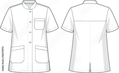 CAD drawing flat vector illustration of short sleeve lab coat with mandarin collar, patch pockets, front and back technical view