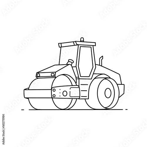 A simple line art illustration of a road roller, showcasing its design and functionality in a clean, modern style, perfect for construction-themed visuals.