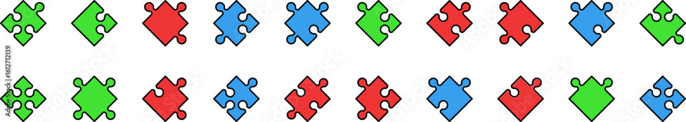 Fototapeta premium Collection of Filled Color Icons of Puzzle. Minimalistic Linear Pictogram for Web and Graphic Design, Apps, Banners, Social Network and Cards