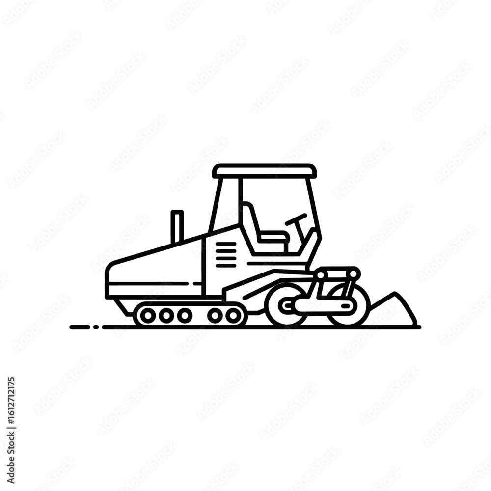 Naklejka premium A minimalist line art illustration depicts a modern road paver, an essential piece of heavy machinery for construction and road building projects.