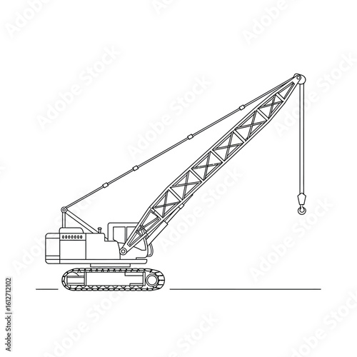 A detailed line drawing showcases a mobile crawler crane with its long boom extended, ready for heavy lifting operations on a construction site.