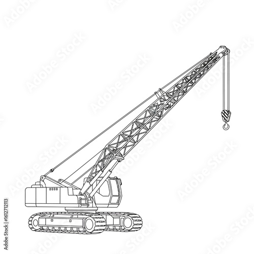 Detailed line art illustration of a crawler crane with a long boom and hook, symbolizing heavy construction and industrial operations.