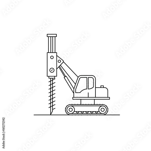 A minimalist line drawing showcases a drilling machine, symbolizing precision engineering and construction, set against a clean white backdrop, ideal for technical illustrations.