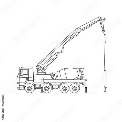 A detailed line art illustration of a heavy-duty concrete pump truck with an extended boom, ready for construction site operations.
