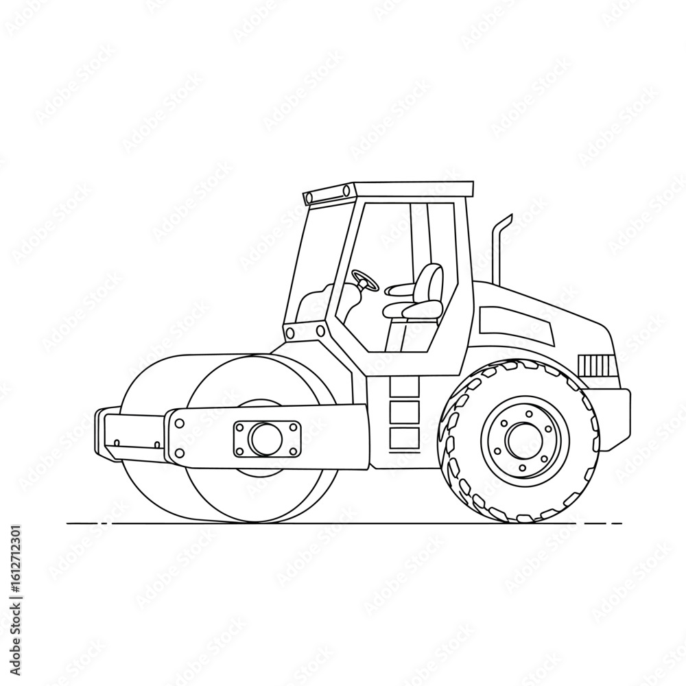 Naklejka premium A detailed line art illustration of a heavy road roller, a powerful construction vehicle used for compacting surfaces, isolated on a clean white background.