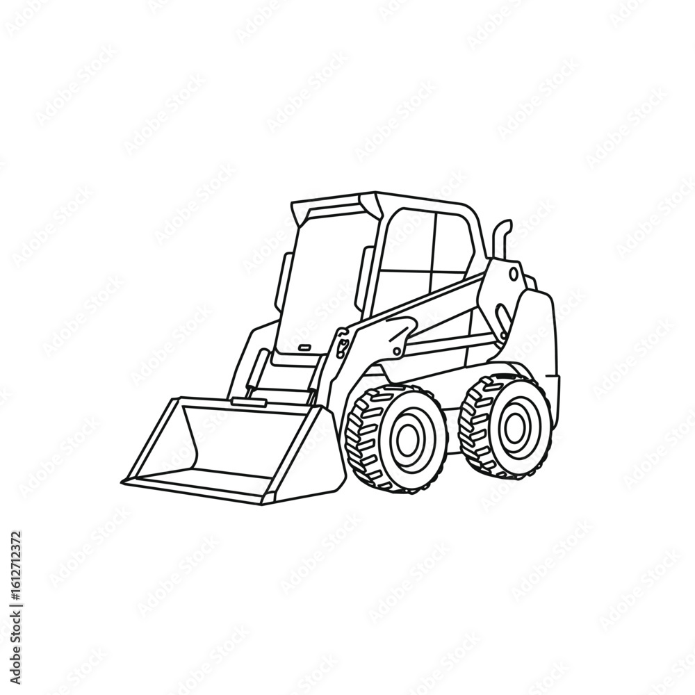 Fototapeta premium A detailed line drawing presents a compact skid steer loader, a construction vehicle designed for various earthmoving and material handling tasks.