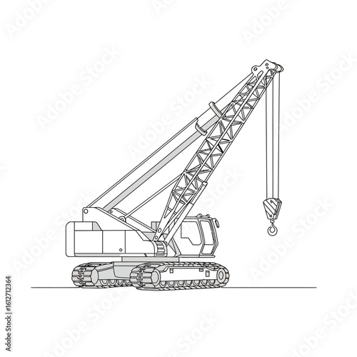 Detailed line drawing of a powerful crawler crane, ideal for construction or industrial projects, showcasing its robust design and intricate mechanical details.